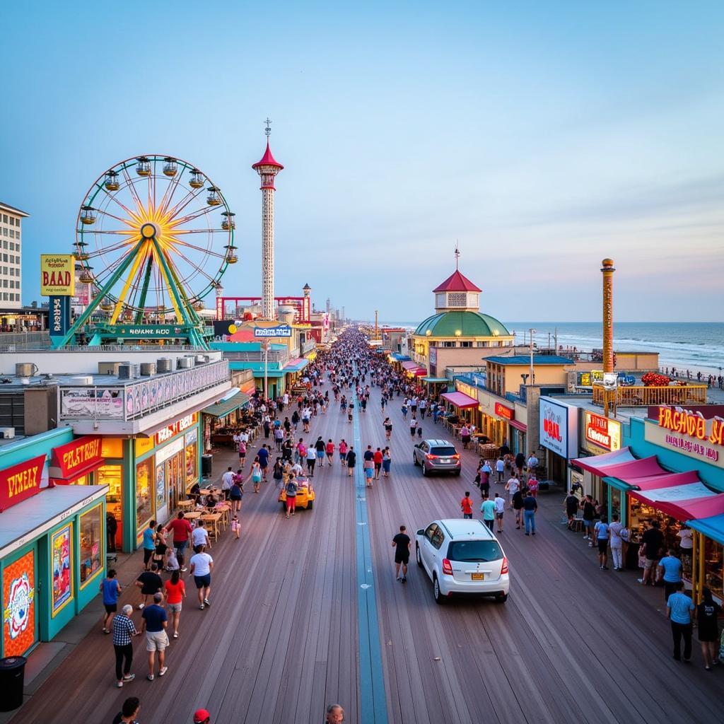 Myrtle Beach boardwalk with amusement park rides and attractions