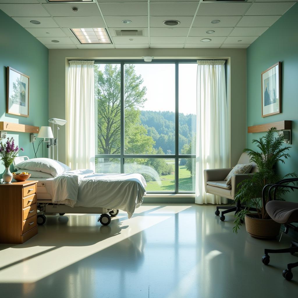 Hospital room with large windows and ample natural light.