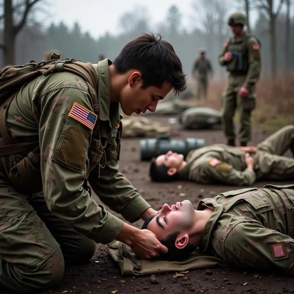 Navy Hospital Corpsman Providing Medical Care in the Field