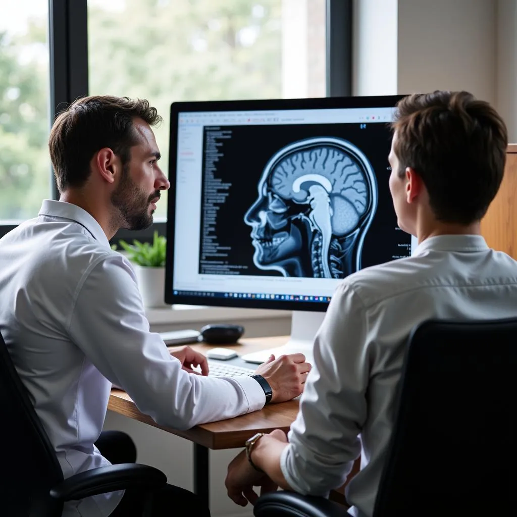 A neurologist explains a brain scan results to a patient.