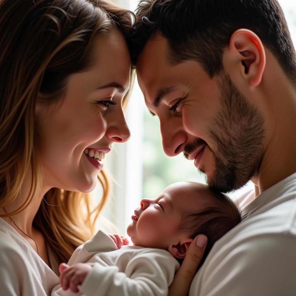 New parents cradling their newborn baby