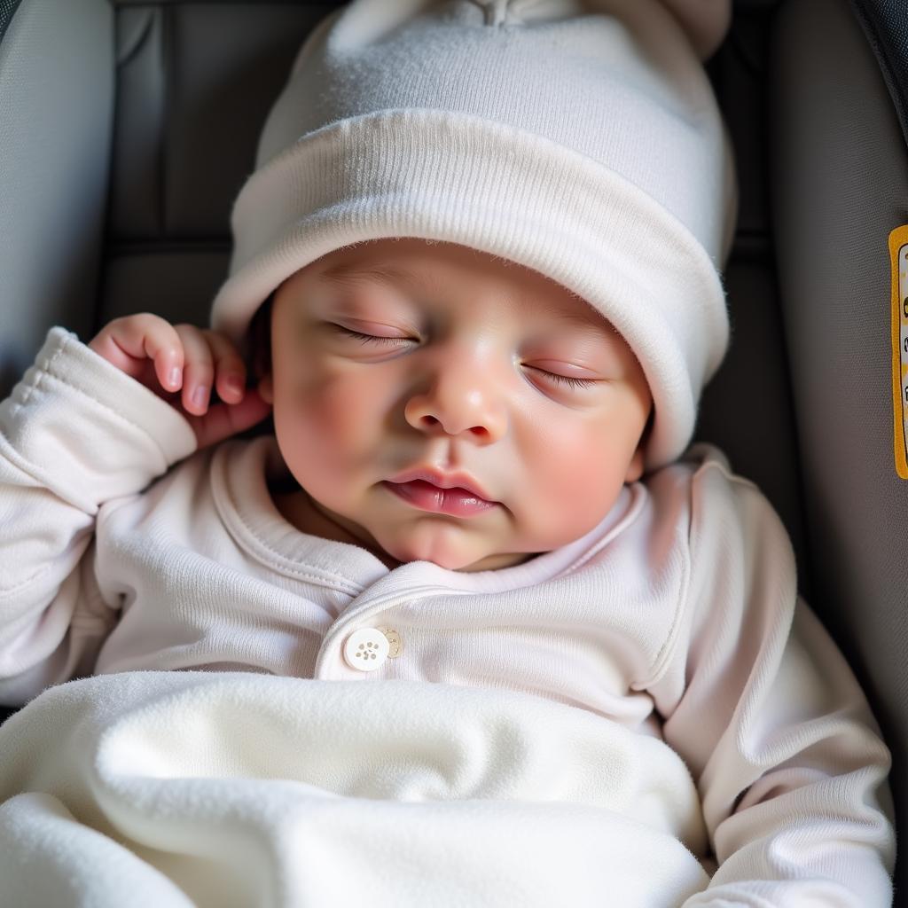 Newborn baby dressed in a onesie and hat, secured in a car seat.