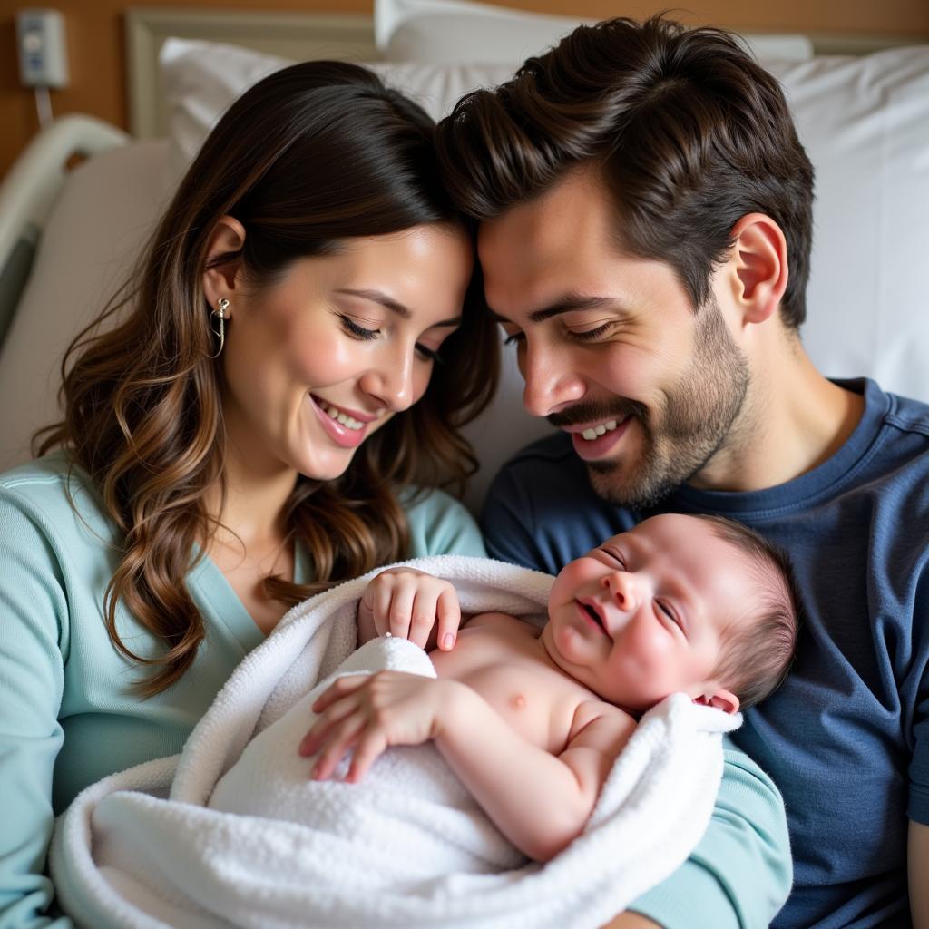 Newborn Baby with Parents in Hospital Room