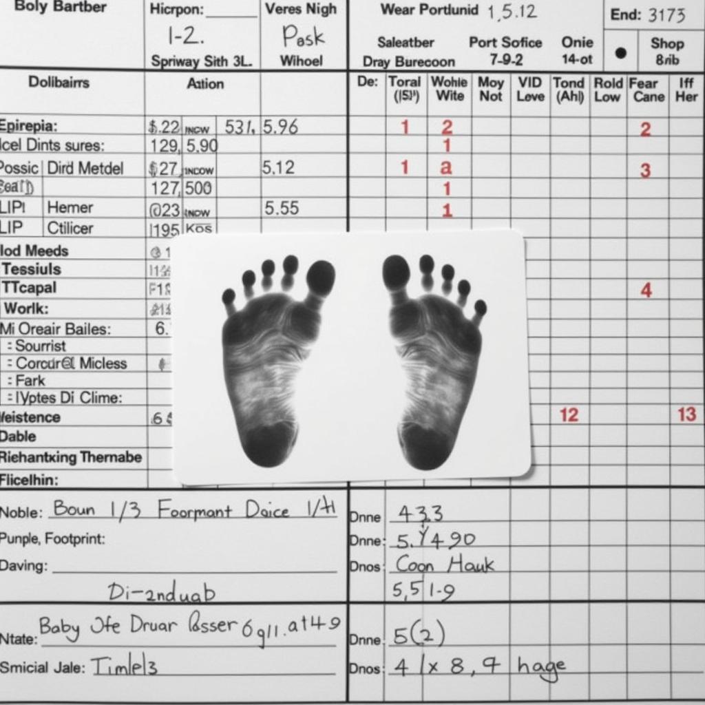 Newborn footprints on a hospital chart