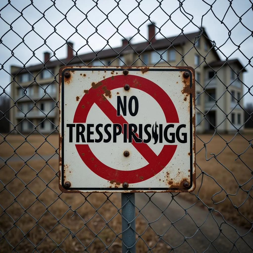 A weathered no trespassing sign on the fence of the abandoned hospital