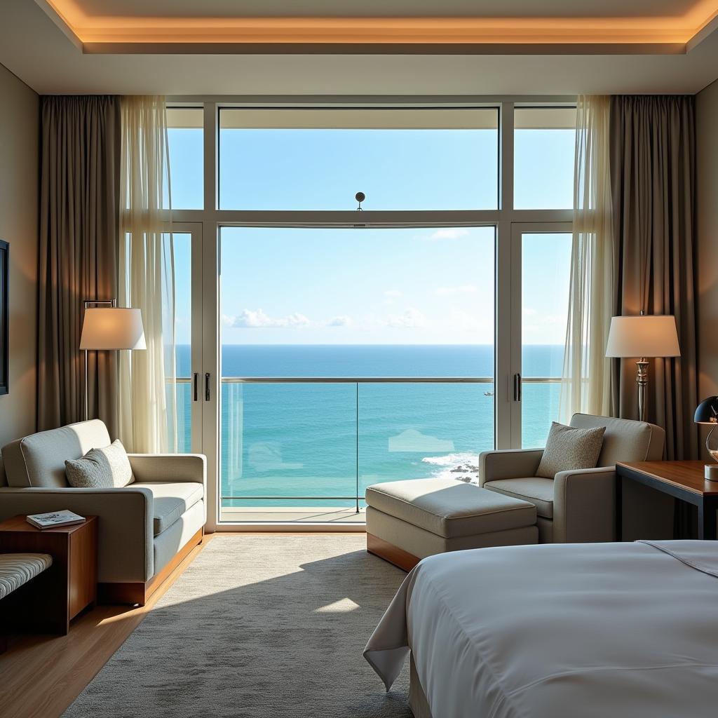 Spacious hotel room with panoramic ocean view