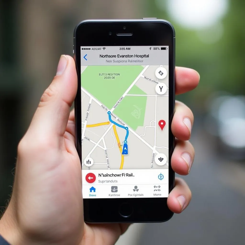 Smartphone Displaying Northshore Evanston Hospital on a Navigation App