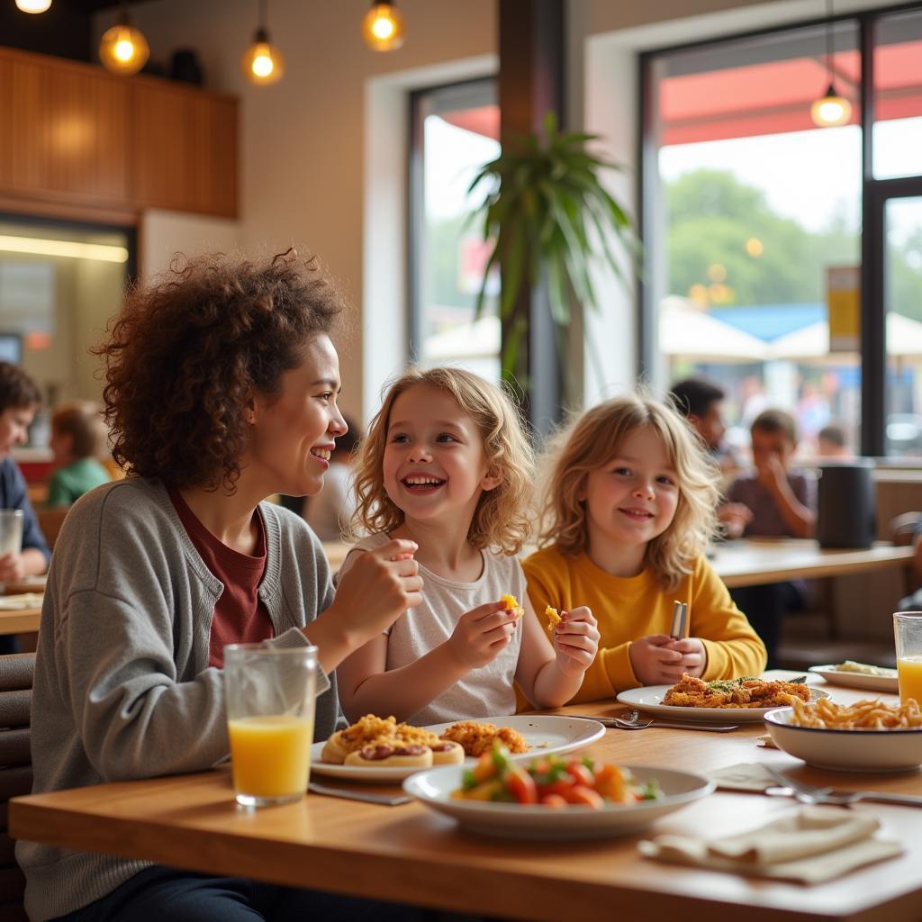 Family enjoying a meal together in the Northwestern Memorial Hospital food court.