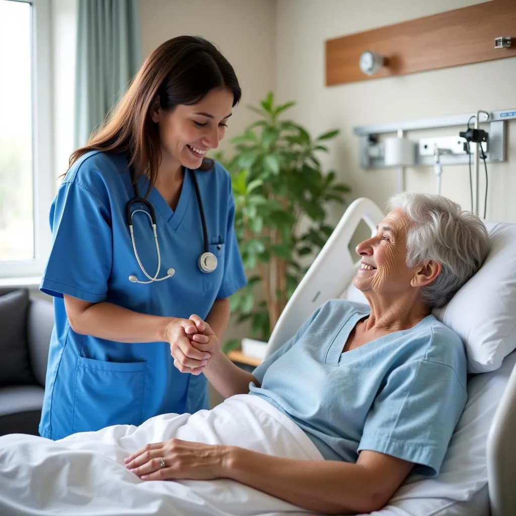 A nurse comforts a worried patient.