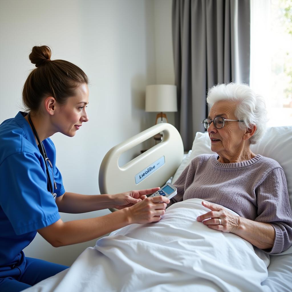 Nurse providing guidance on using hospital bed remote