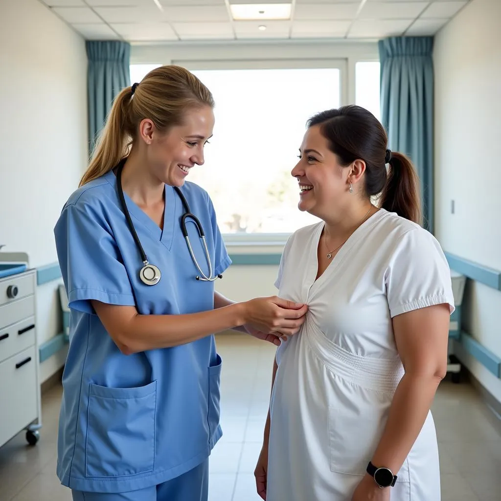 Nurse assisting patient with hospital gown