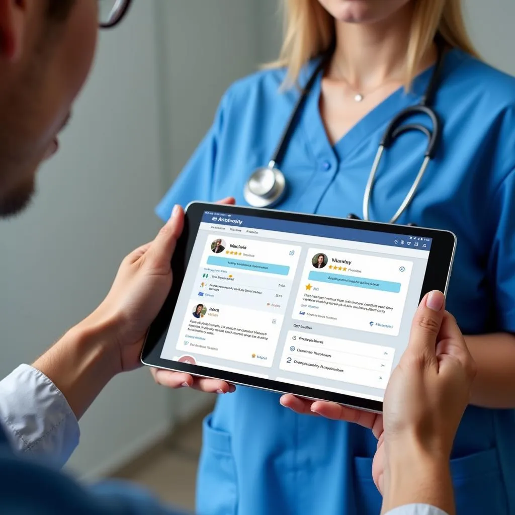 Nurse comparing hospital reviews on tablet