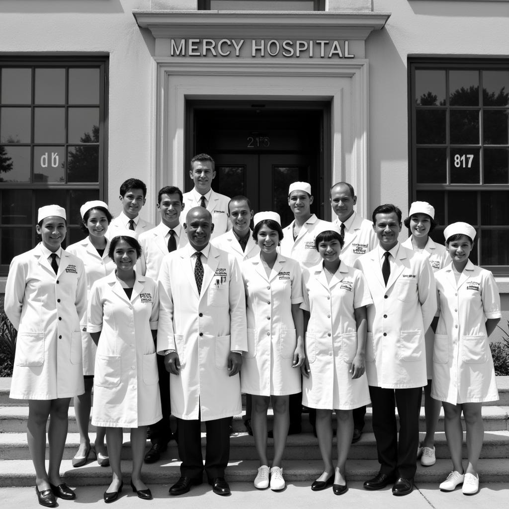 Medical staff posing in front of Old Mercy Hospital