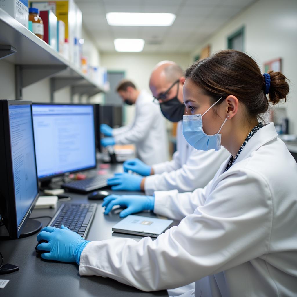 Skilled lab technicians processing tests at Lawrence Memorial Hospital's on-site lab