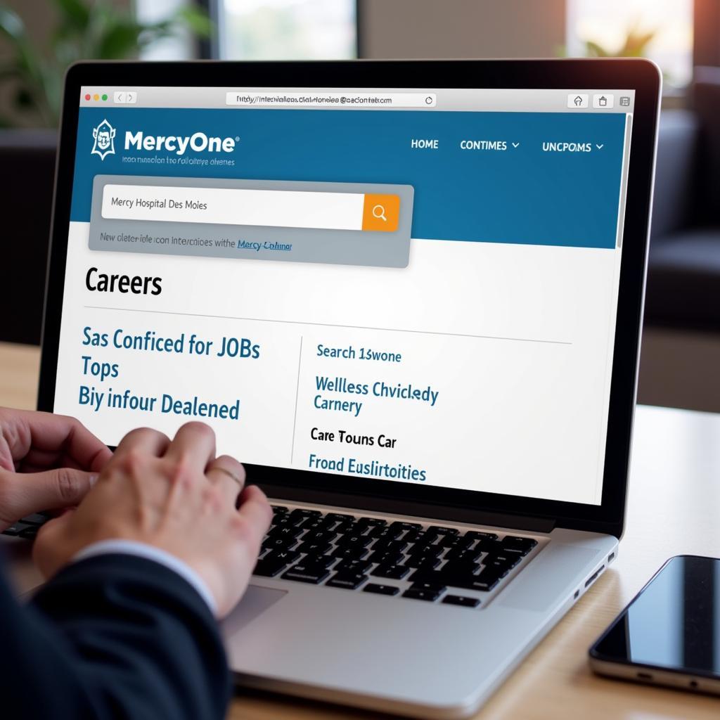 A person using a laptop to search for jobs on the MercyOne website