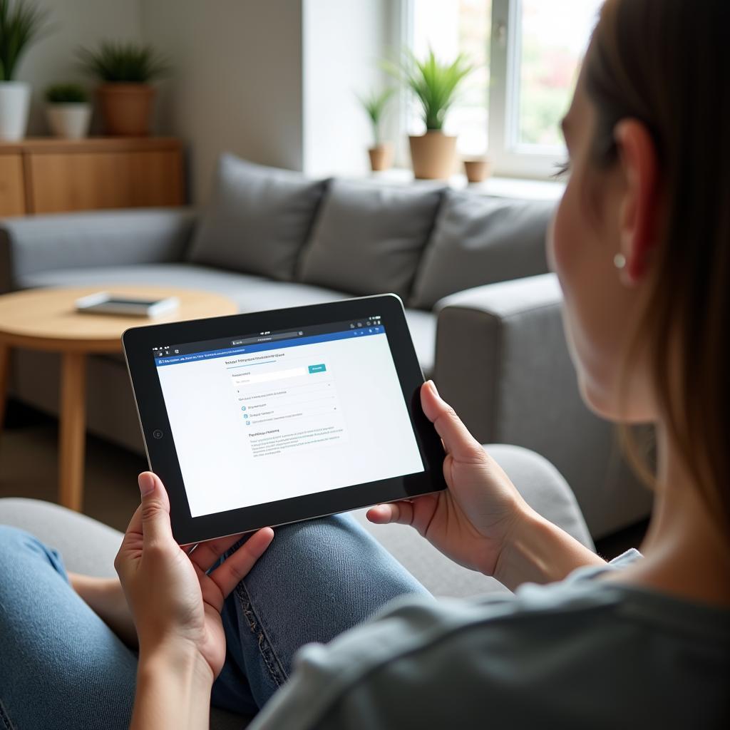 woman completing a survey on a tablet