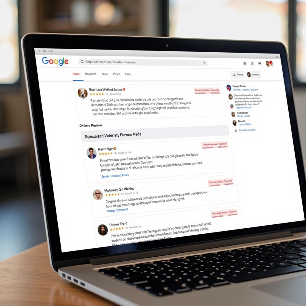 Laptop displaying various online review platforms for veterinary hospitals.
