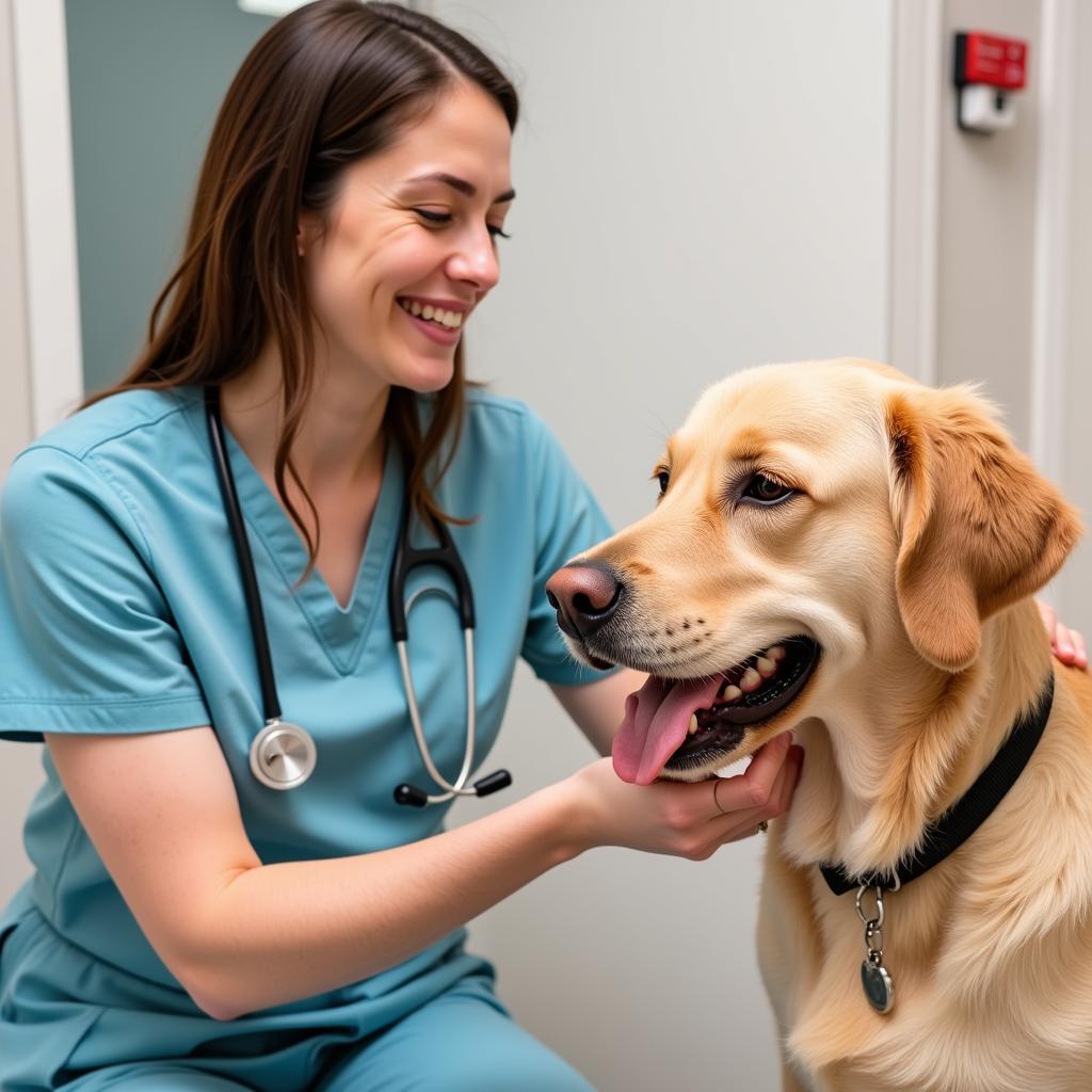 caring veterinarian examining a dog