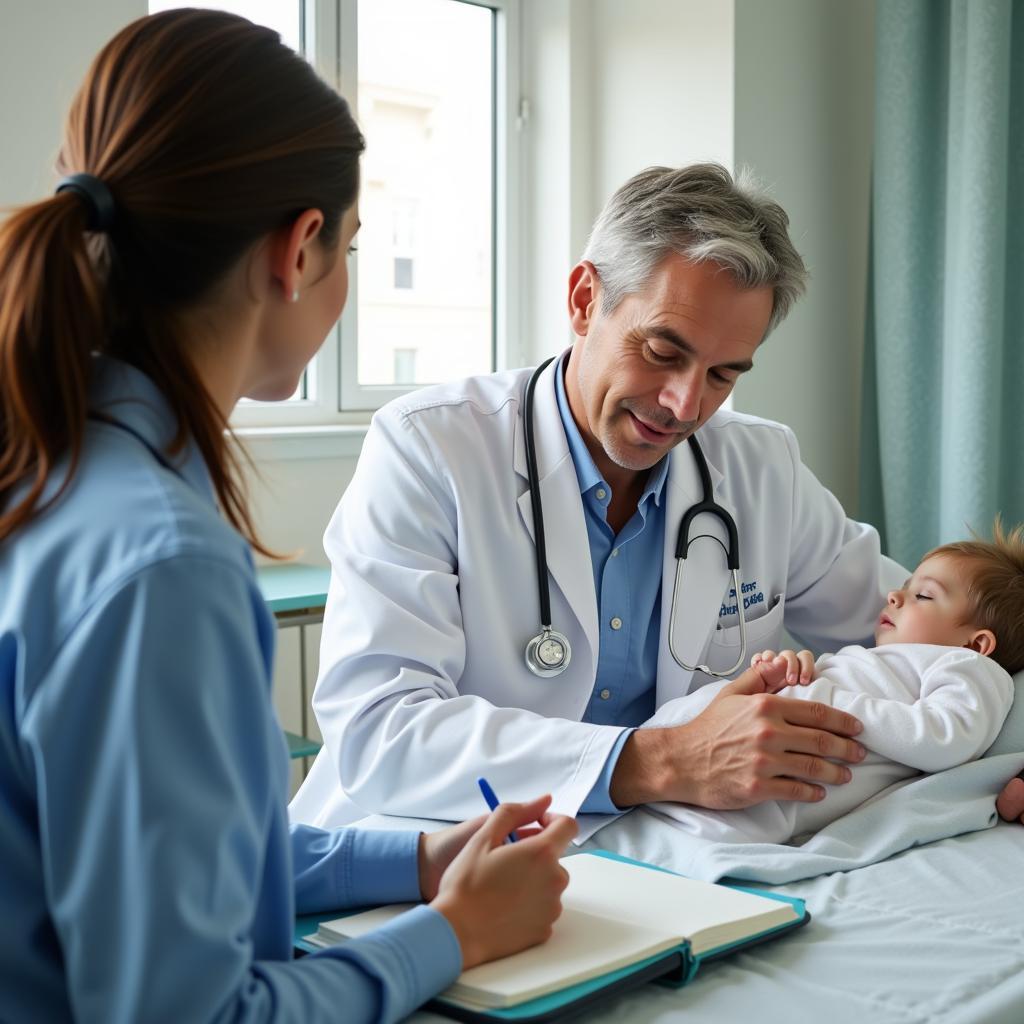 Parent discussing child's treatment with a doctor