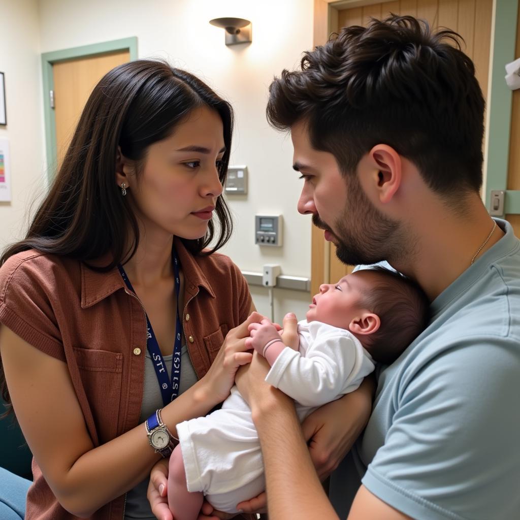 Parents lovingly embrace their baby in a hospital room, their faces radiating warmth and hope.