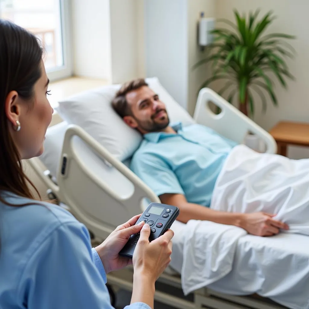 Patient using a remote control to adjust the hospital bed