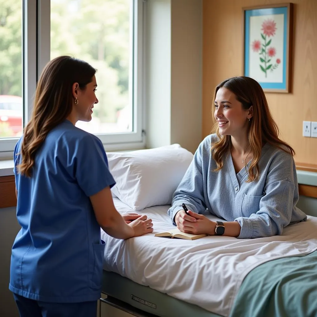 A friendly nurse talking to a patient in a semi-private room