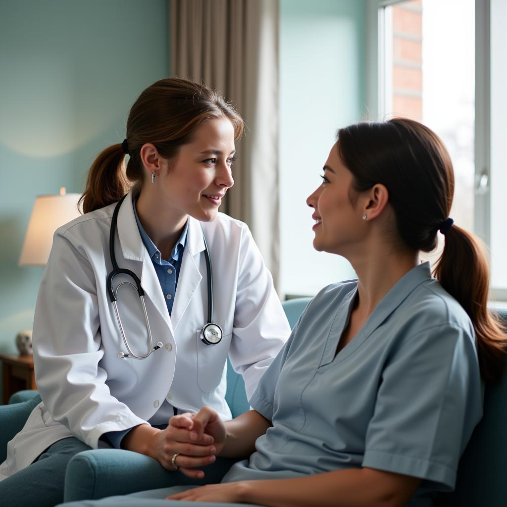 Doctor consulting with a patient in a comfortable hospital room