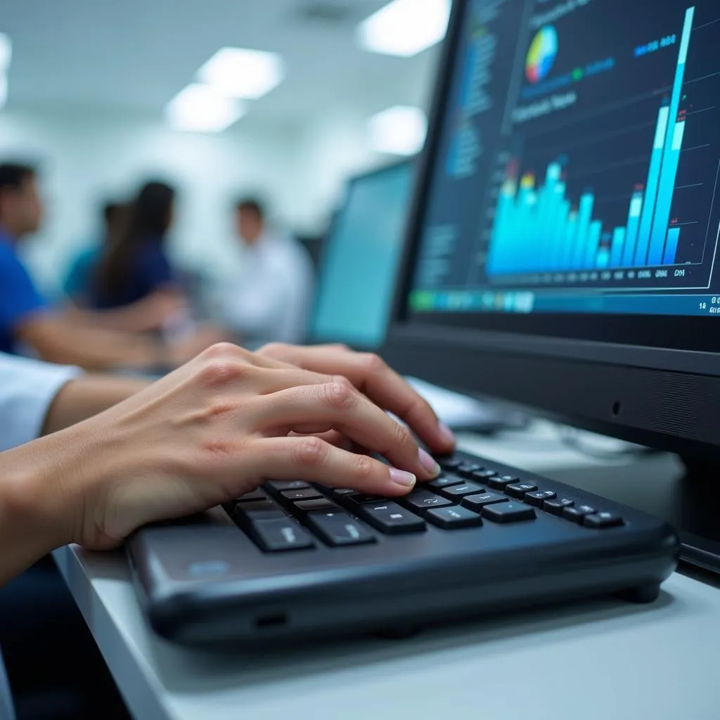 Patient registration clerk entering patient data on a computer