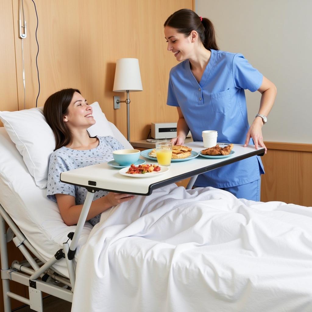 Patient using a hospital bed table for a meal