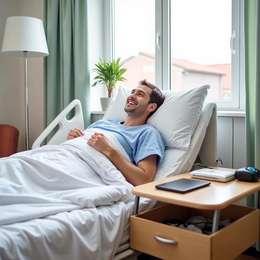 Patient comfortably using a hospital bedside table with drawer