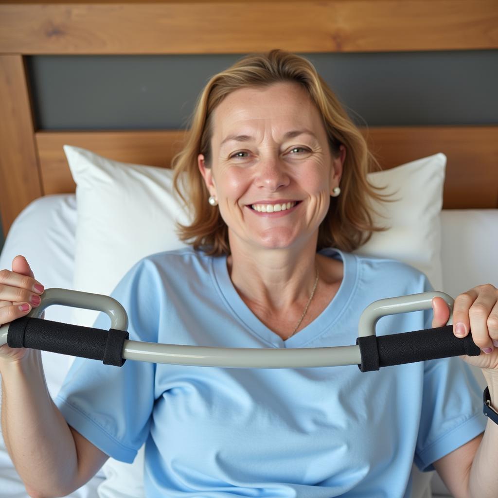 Patient Using Pull Up Bar with a Smile