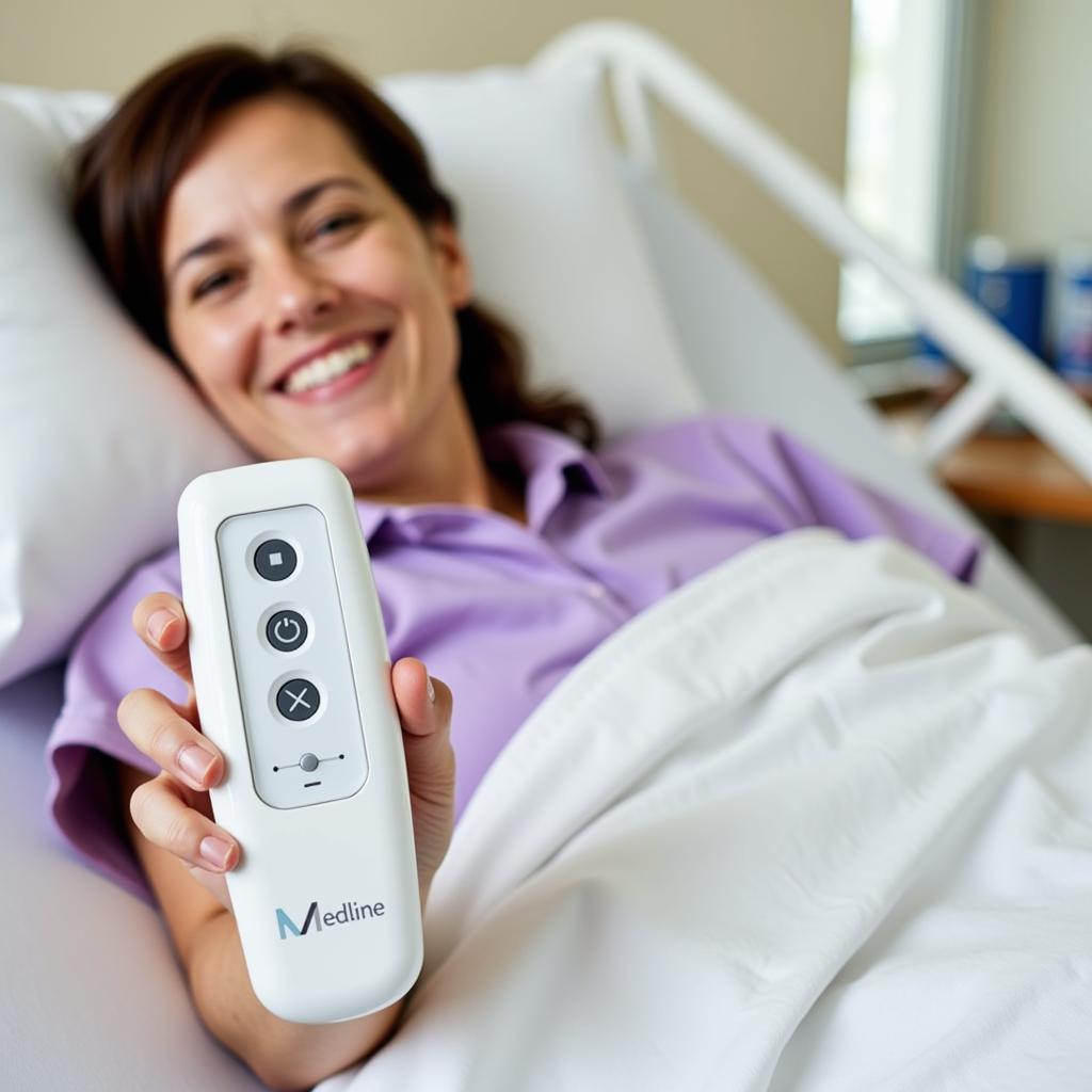 Patient adjusting hospital bed with remote