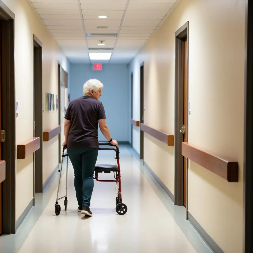 Patient Walking in Hospital Corridor with Walker