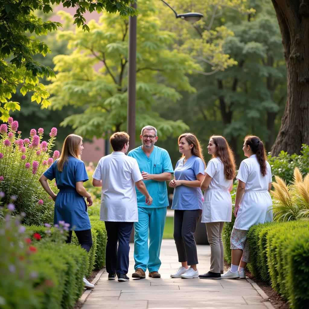 Patients and staff interacting in a hospital garden