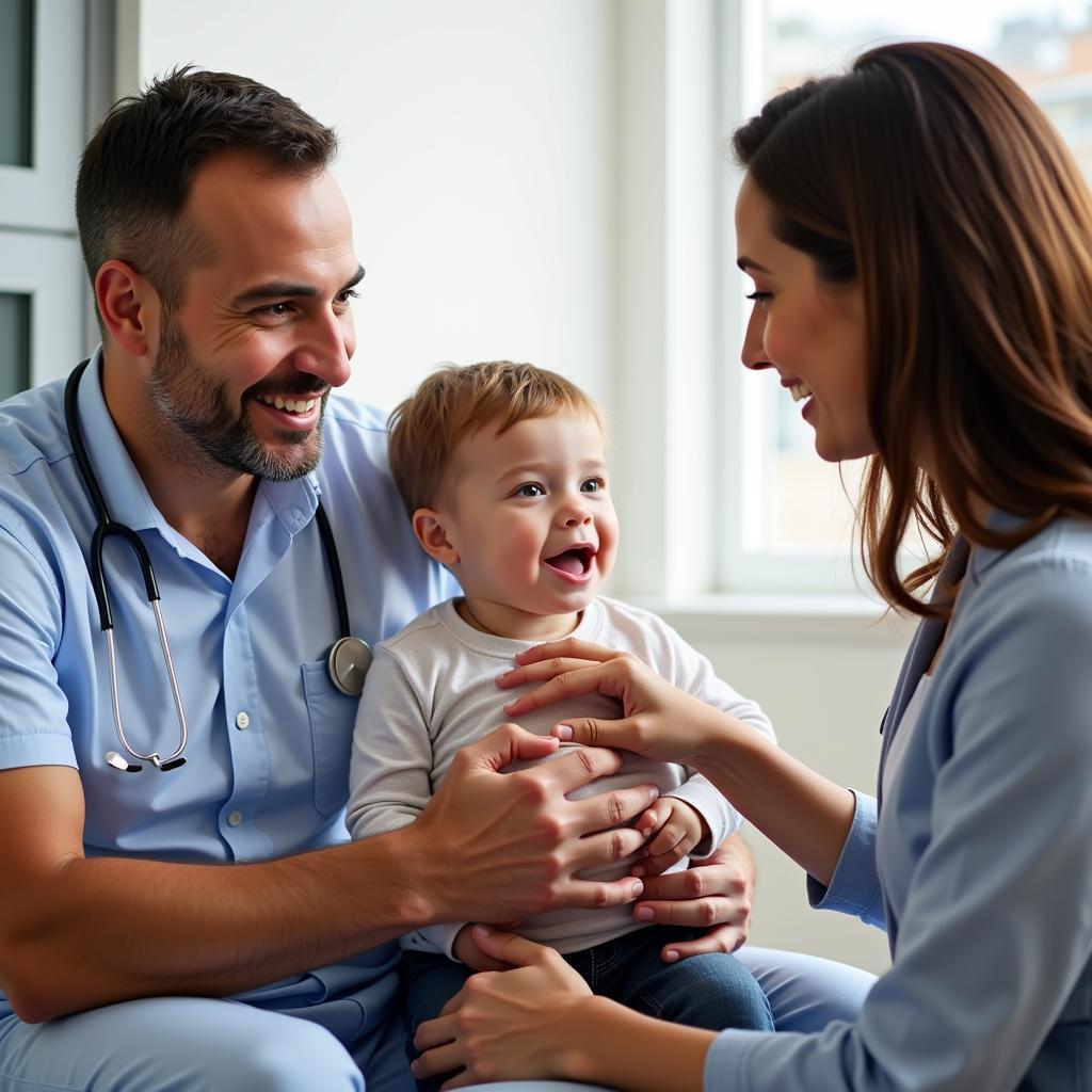 Pediatrician consulting with a child and parent at Hospital e Maternidade São José