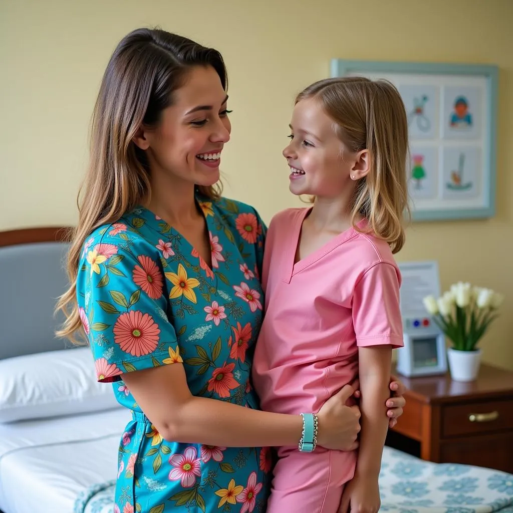 Pediatric nurse in colorful scrubs