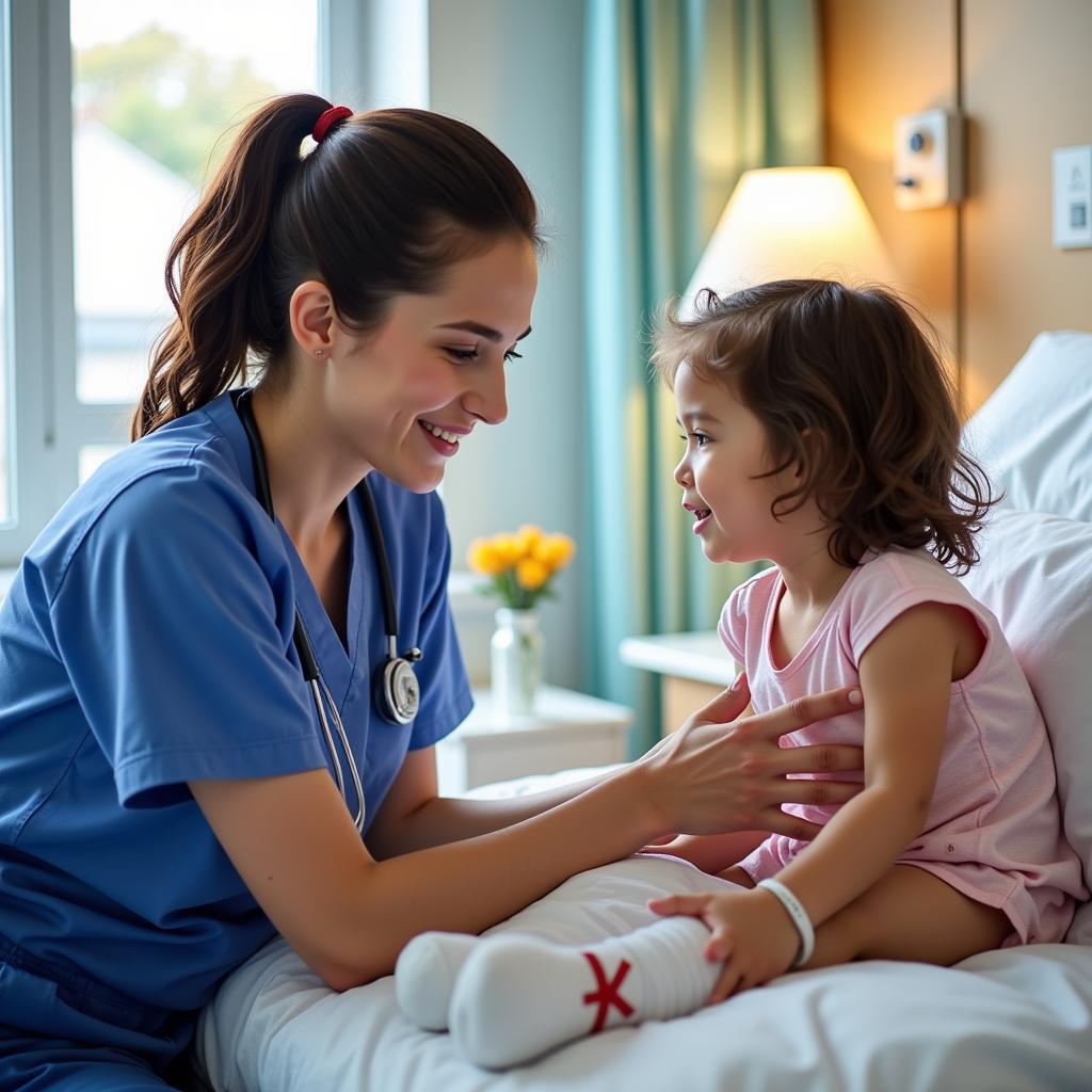 A compassionate pediatric nurse comforting a young patient in a hospital bed.