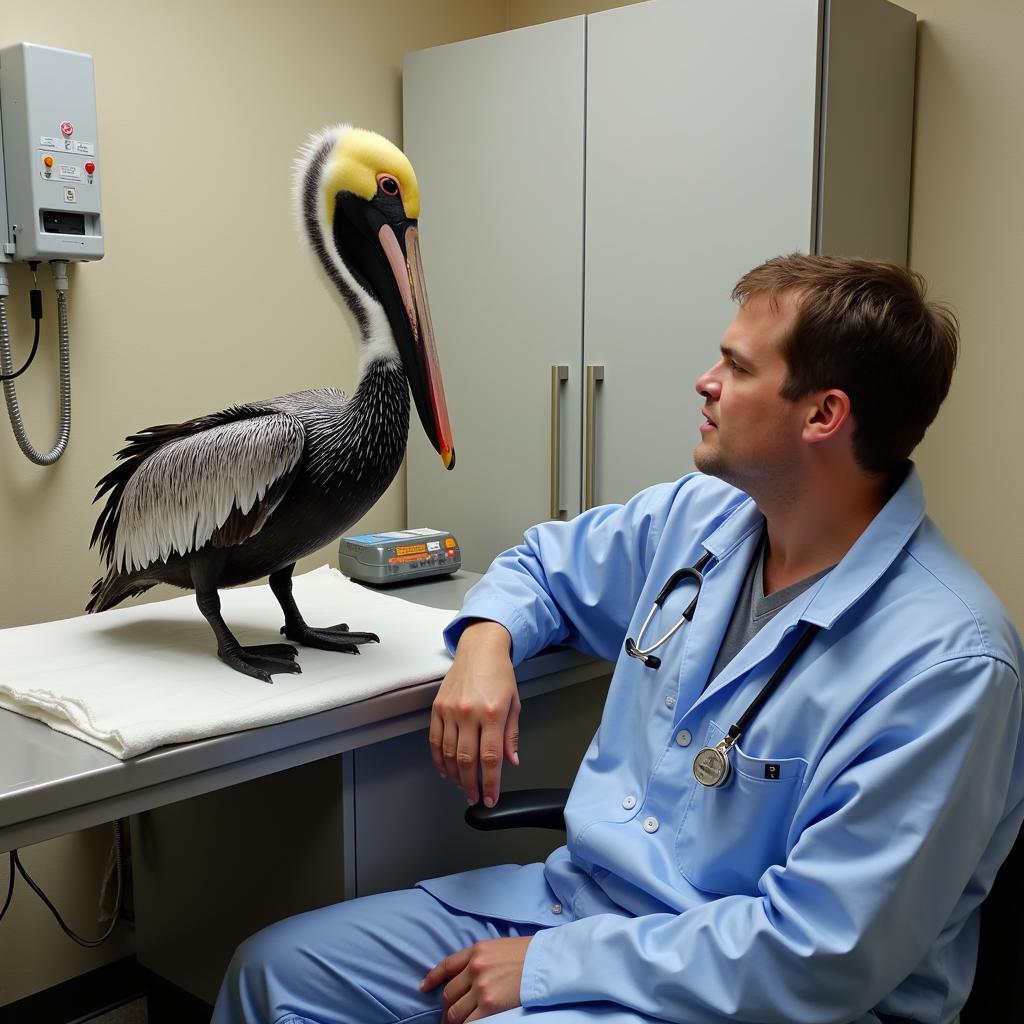 Pelican owner consulting with an avian veterinarian