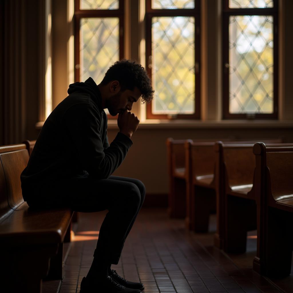 A person finds solace in prayer within the quiet of a church