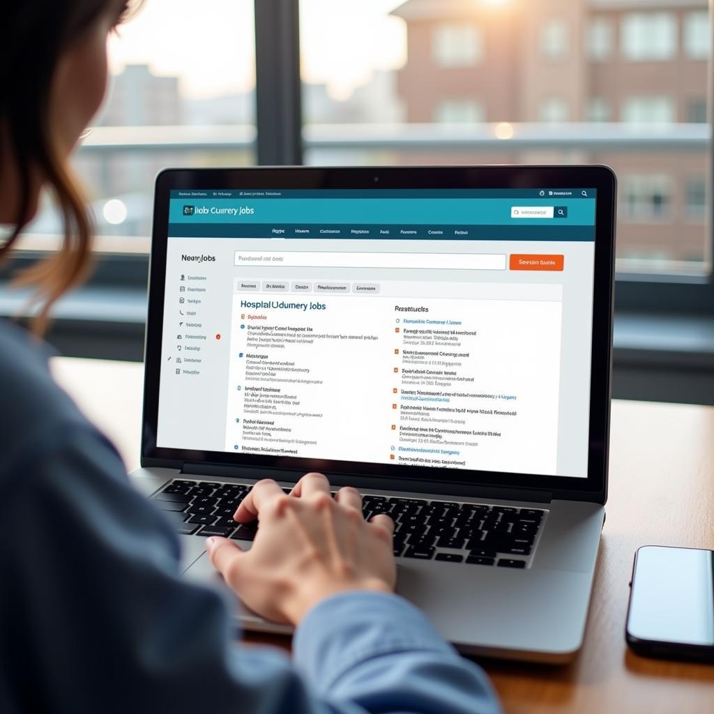 Individual searching for "hospital courier jobs" on a laptop