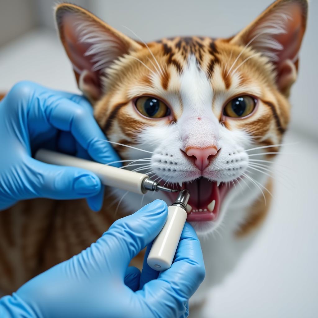 Veterinarian performing dental cleaning on a cat