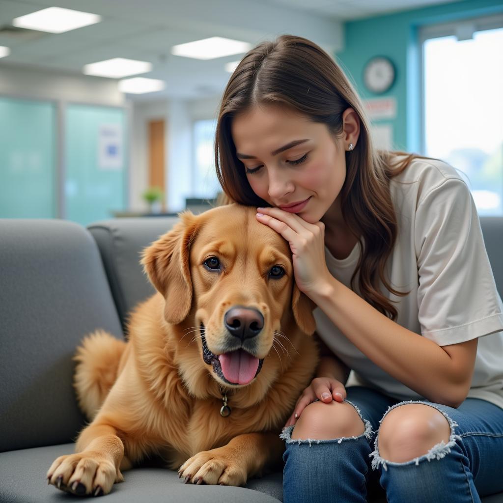 Dog and Owner Waiting in Veterinary Hospital Waiting Room