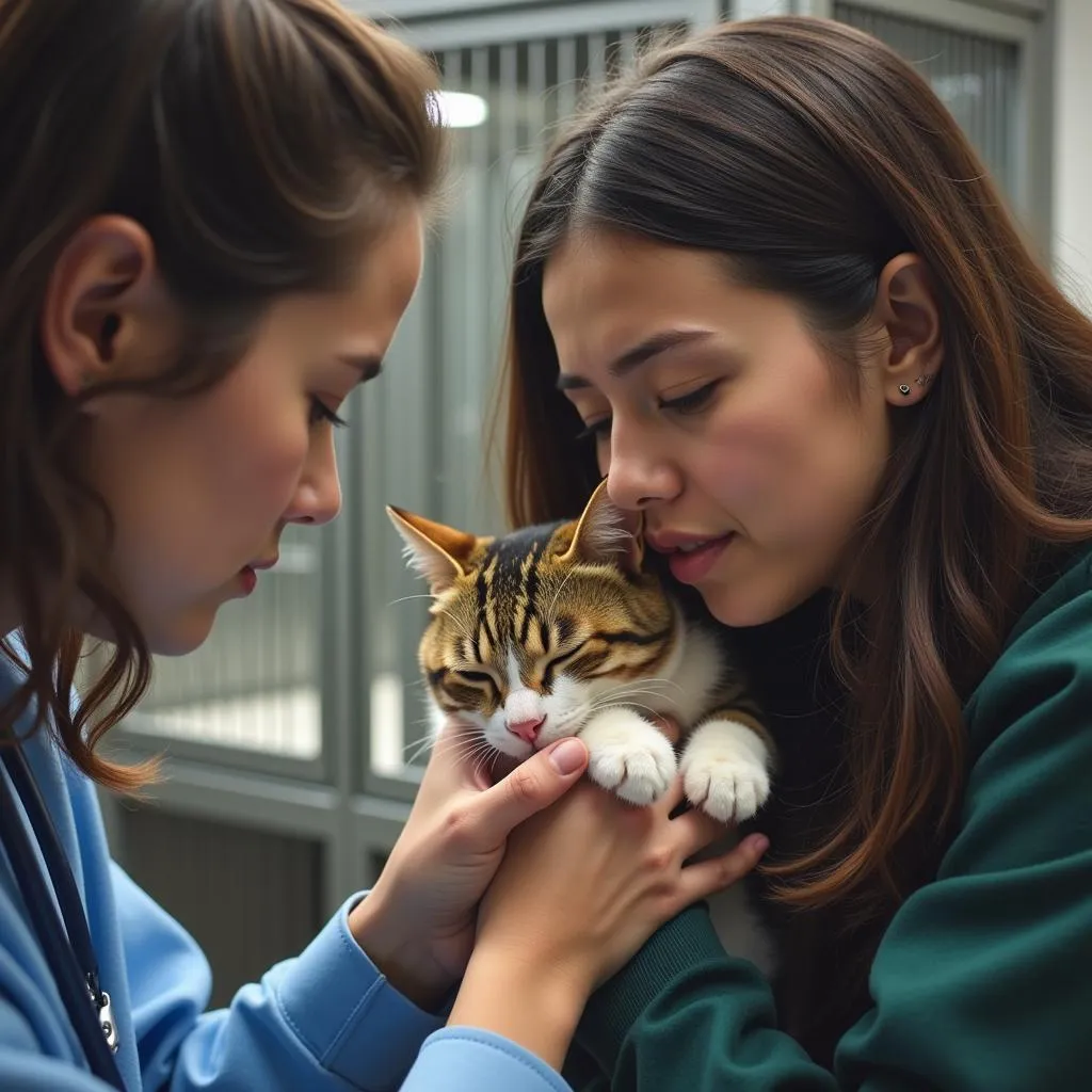 A young woman kneels beside a cat in a kennel, gently comforting it.