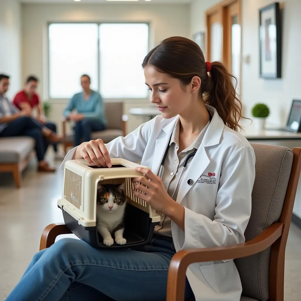 Pet owner comforting cat in a vet waiting room.