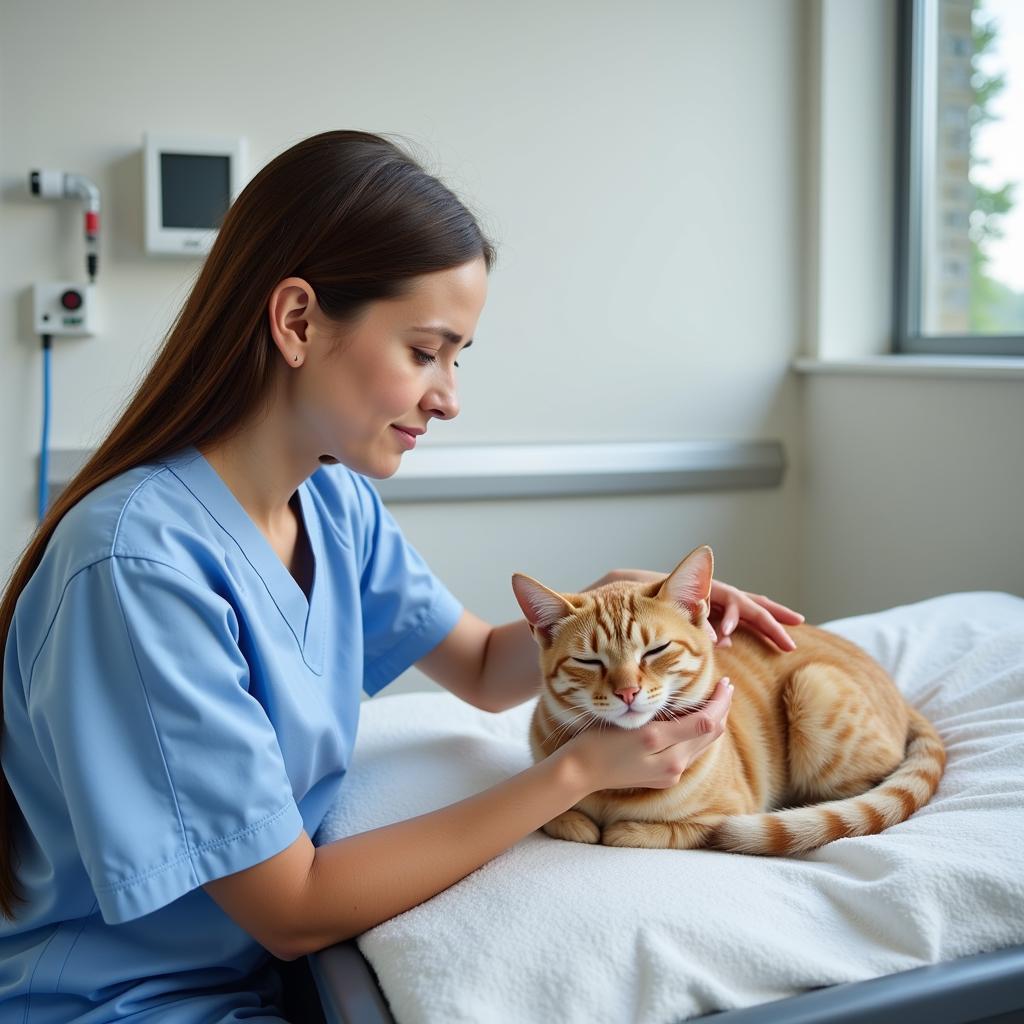 Pet owner comforting their cat in a veterinary hospital