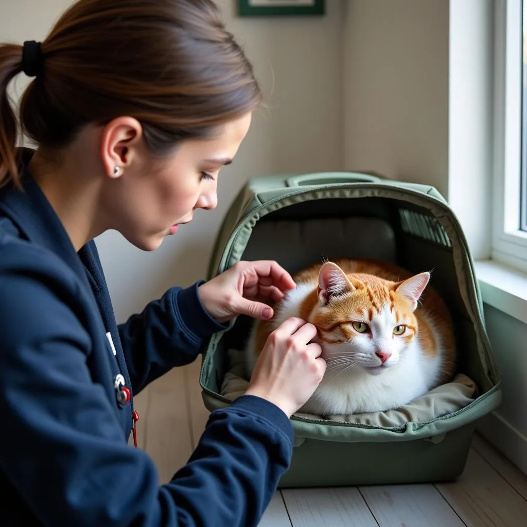 Pet owner comforting cat in waiting room