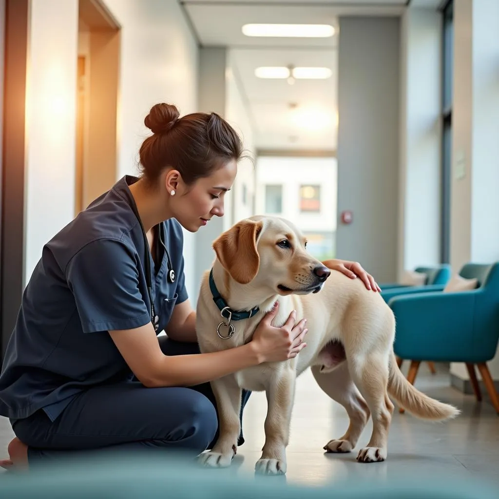 Pet owner comforting their dog in a 24 hour animal hospital waiting area