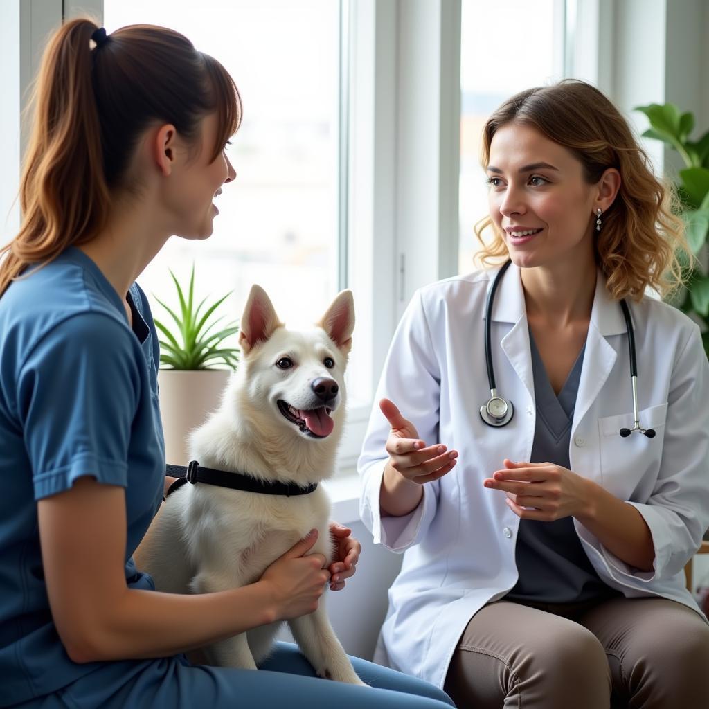 Pet owner discussing their pet's health with a veterinarian.