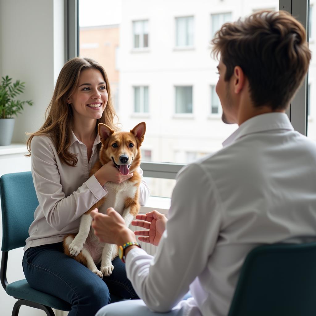 Open communication between pet owners and veterinarians is essential for ensuring the best possible care for pets.  This image shows the importance of discussing your pet's health with your vet.