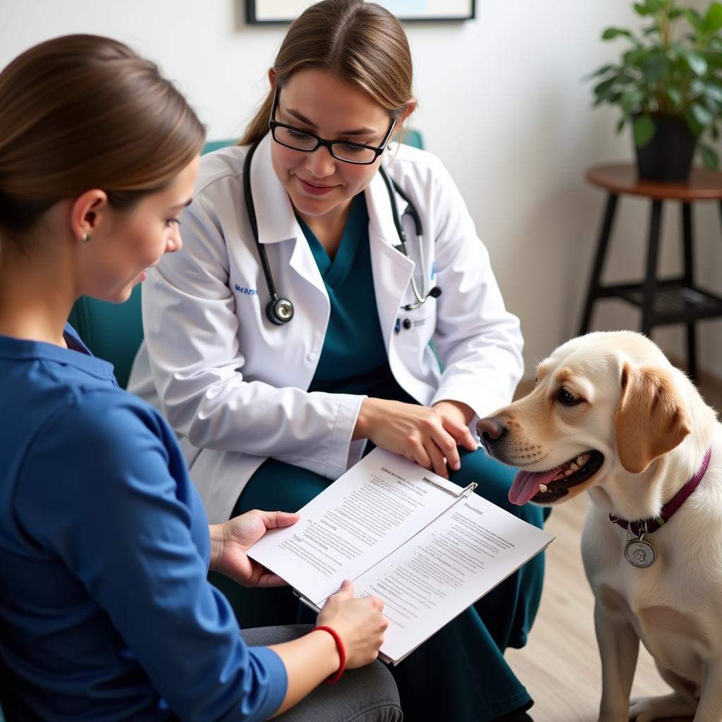 Pet owner discussing pet insurance options with a veterinarian